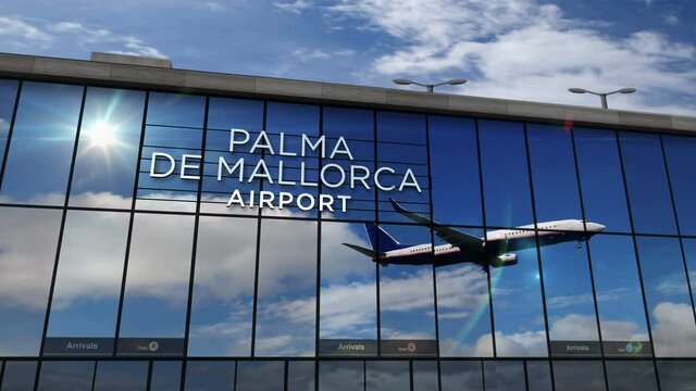 Jet aircraft landing at Palma de Mallorca, Balearic Spain 3D rendering animation. Arrival in the city with the glass airport terminal and reflection of plane. Travel, tourism and transport concept.