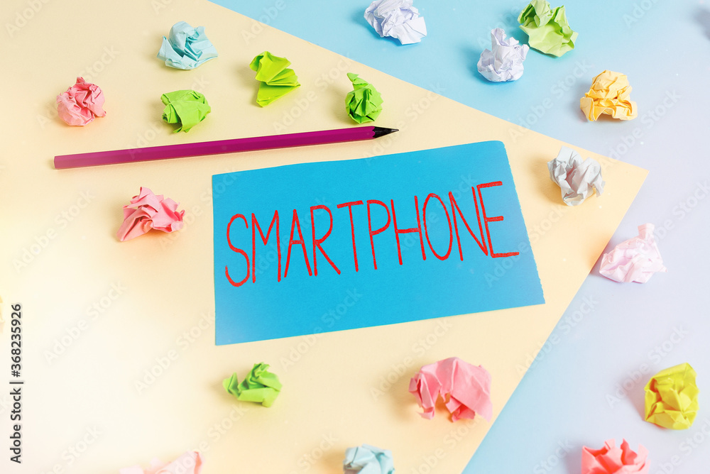 Poster writing note showing smartphone. business concept for the mobile phone that performs many of the fun