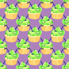 seamless pattern with green cupcakes on Halloween