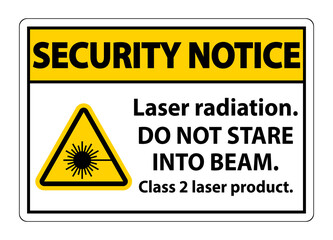 Security Notice Laser radiation,do not stare into beam,class 2 laser product Sign on white background