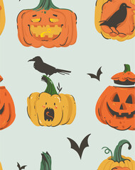Hand drawn vector abstract cartoon Happy Halloween illustrations seamless pattern with pumpkins emoji horned lanterns monsters,bats and ravens isolated on grey background.