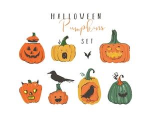 Hand drawn vector abstract cartoon Happy Halloween illustrations elements collection set with pumpkins emoji horned lanterns monsters,bats and ravens isolated on white background