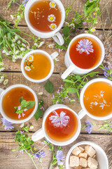 Different herbal tea set. Various  cups with organic herbal, flower tea - camomile, chicory, melissa mint, lavender. Organic natural drinks concept. Health and immunity care beverages