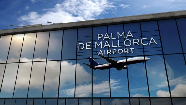 Jet aircraft landing at Palma de Mallorca, Balearic Spain 3D rendering animation. Arrival in the city with the glass airport terminal and reflection of plane. Travel, tourism and transport concept.