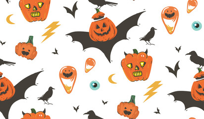 Obraz na płótnie Canvas Hand drawn vector abstract cartoon Happy Halloween illustrations seamless pattern with ravens,bats,pumpkins and modern calligraphy isolated on white background.