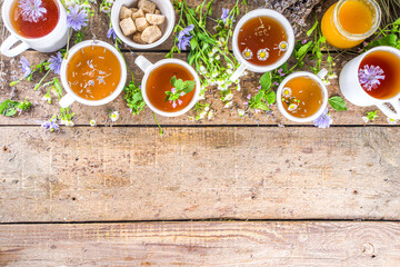 Different herbal tea set. Various  cups with organic herbal, flower tea - camomile, chicory, melissa mint, lavender. Organic natural drinks concept. Health and immunity care beverages