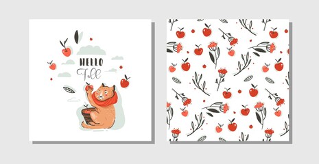 Hand drawn vector abstract greeting cartoon autumn cards set template with cute cat character collected apple harvest