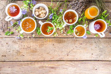 Different herbal tea set. Various  cups with organic herbal, flower tea - camomile, chicory, melissa mint, lavender. Organic natural drinks concept. Health and immunity care beverages