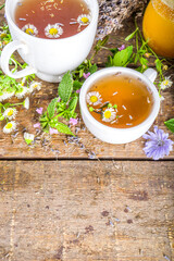 Different herbal tea set. Various  cups with organic herbal, flower tea - camomile, chicory, melissa mint, lavender. Organic natural drinks concept. Health and immunity care beverages