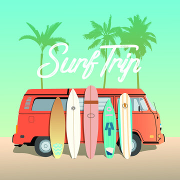 
Vector illustration, surfboards and car on the background of a landscape with palm trees.
