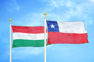 Hungary and Chile two flags on flagpoles and blue cloudy sky