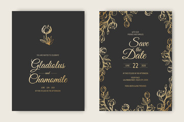 Vector wedding invitations set with cotton flowers. Romantic tender floral design for wedding invitation, save the date and thank you cards.