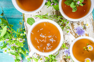 Different herbal tea set. Various  cups with organic herbal, flower tea - camomile, chicory, melissa mint, lavender. Organic natural drinks concept. Health and immunity care beverages