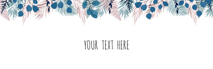 Obraz premium Horisontal botanical vector design banner. Stylized Eucalyptus, succulents, flowers, greenery. Natural spring card or frame.