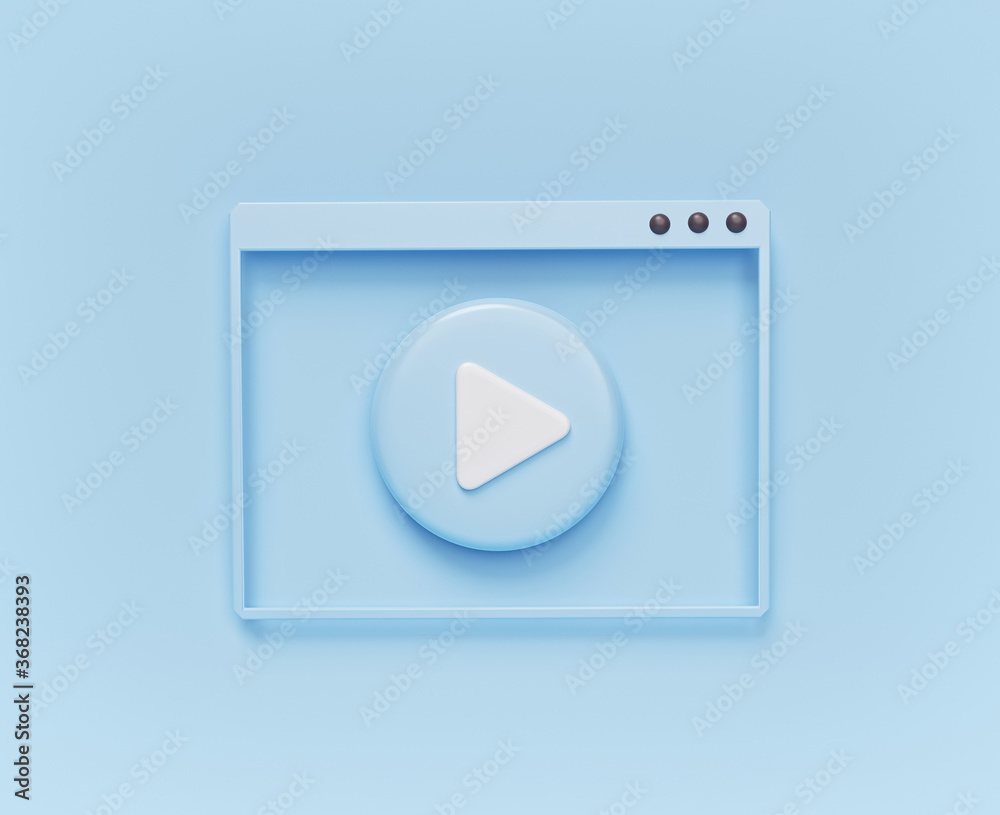 Wall mural minimal video player window with play button on pastel blue background. 3d rendering