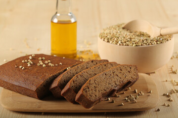 homemade bread made from green buckwheat and other products are on the table