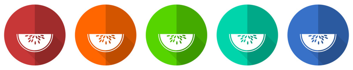 Watermeloon icon set, fresh fruit, red, blue, green and orange flat design web buttons isolated on white background, vector illustration