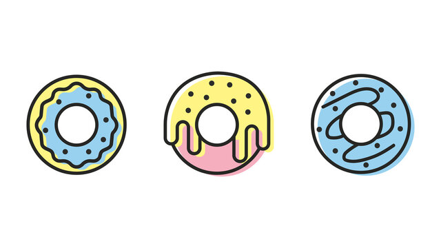 Donuts icons set. Collection of sweet products with delicious sprinkles. Vector illustration
