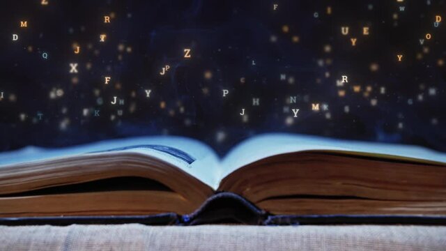 Magic book with animation glowing letters