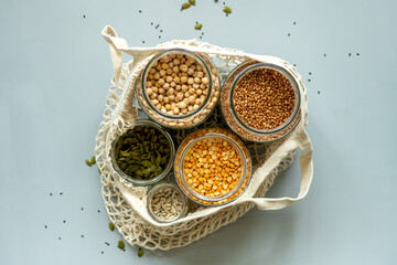 Organic bio bulk products in zero waste shop. Foods storage in kitchen at low waste lifestyle....