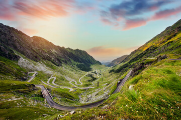 Landscape in Fagaras mountains in Romania, with Transfagarasan road. One of the most spectacular roads in the world.