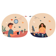 The couple working online together while coronavirus outbreak. Quarantine, new normal, physical distancing, stay  at home, online meeting, video conference. Vector illustration in flat cartoon design.