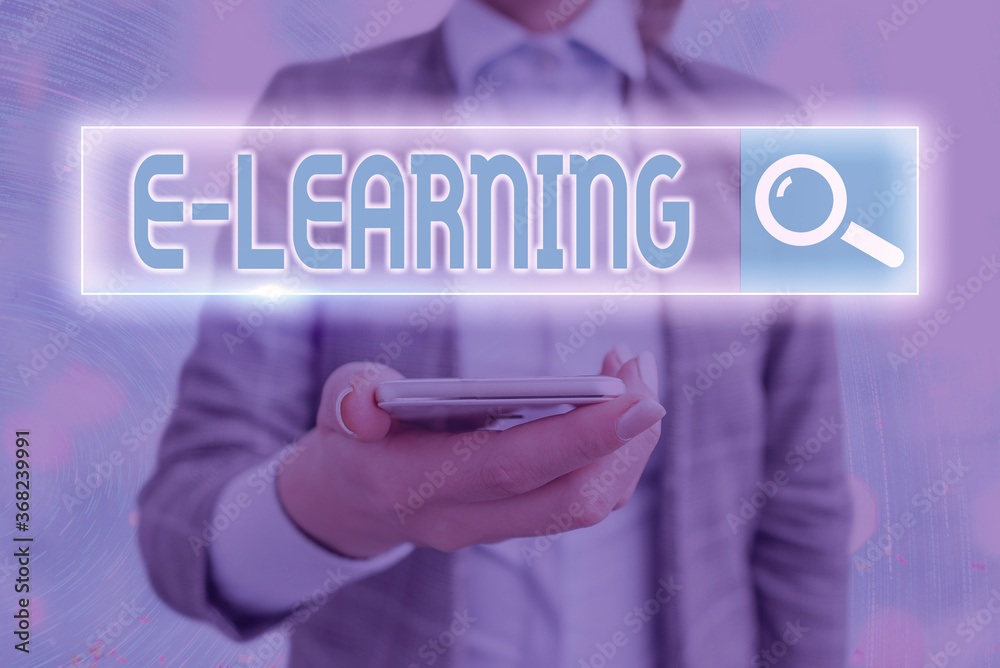 Poster text sign showing e learning. business photo showcasing knowledge we obtain through the internet usi