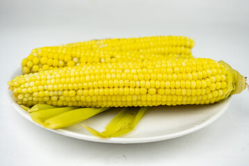 boiled sweet corn on a white plate