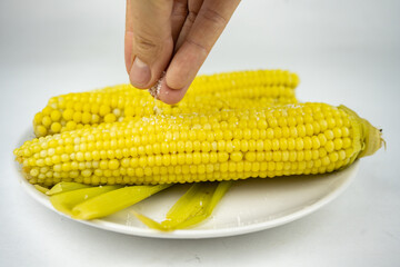 boiled sweet corn with salt on a white plate