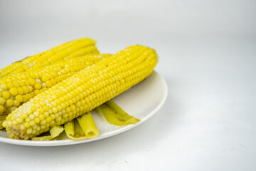 boiled sweet corn on a white plate