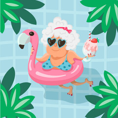 A super cute, fashionable, well-groomed old woman swims in a swimming pool with a strawberry cocktail in a swimming circle in the shape of a flamingo. Vector illustration in cartoon style.