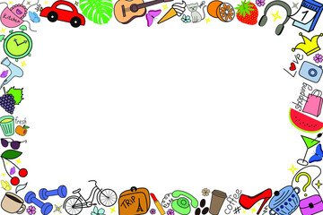 Fototapeta premium Colored rectangular horizontal frame of female objects, flat vector female things