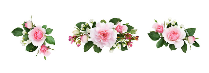 Set of small floral arrangements with pink rose flowers and green leaves