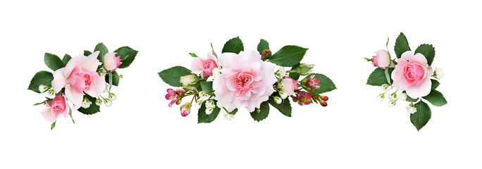 Set of small floral arrangements with pink rose flowers and green leaves