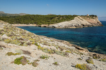 hikers in Cala Matzoc, Arta, Mallorca, Balearic Islands, Spain