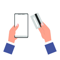 Two male hands in a suit are holding a phone and a bank card. Vector flat cartoon illustration isolated on white background, eps 10. Concept: bank transfers using the phone.