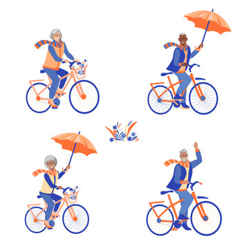 Flat illustrations of happy elderly people ride bicycles with umbrellas in autumn. Grandparents play sports and lead an active lifestyle. Vector set of the elderly in cartoon style isolated on white b