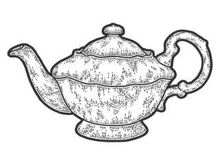 Teapot vintage. Sketch scratch board imitation. Black and white.