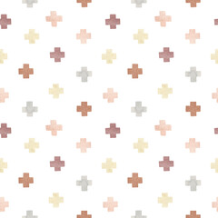 Naklejka premium Watercolor seamless pattern with abstract cross shapes in warm pastel colors. Aesthetic modern background with freehand geometric plus forms. Stile design for textile, wallpaper. 