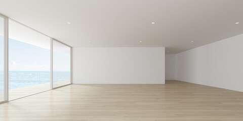 Modern empty room with wooden floor and large window. 3d render.