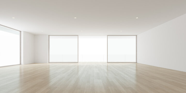 Modern empty room with wooden floor and large window. 3d render.