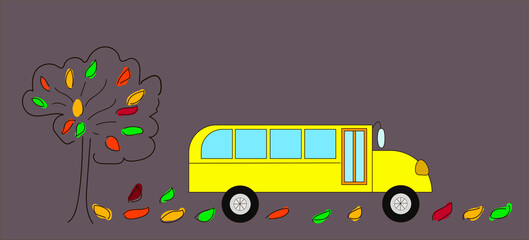 Traditional american school bus illustration on grey background. Concept of going back to school.