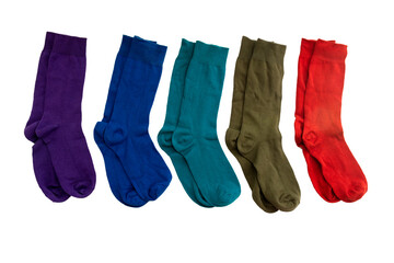 Top view of new colorful socks isolate on white background.