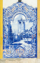 Portuguese Azulejos depicting typical regional scenes and monument on the facade of Santarem market, Portugal