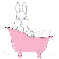 Vector Illustration of a Cute Little Bathing Bunny with Foam. Freehand Drawing of a Small White Rabbit with Blue Eyes. Beautiful and Adorable Fluffy Leveret. Free Hand Draw. Cartoon Kids Style. 