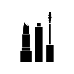 Set of cosmetics in a flat design. Black white silhouette of mascara and lipstick isolated on white background. Cosmetics Icons. Mascara, lipstick flat design. Vector illustration.