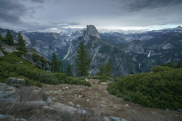 half dome and waterfalls from glacier point in yosemite national park