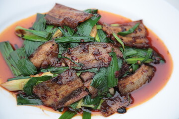 Close up of one of the most popular Chinese Sichuan province cuisine Twice-cooked pork