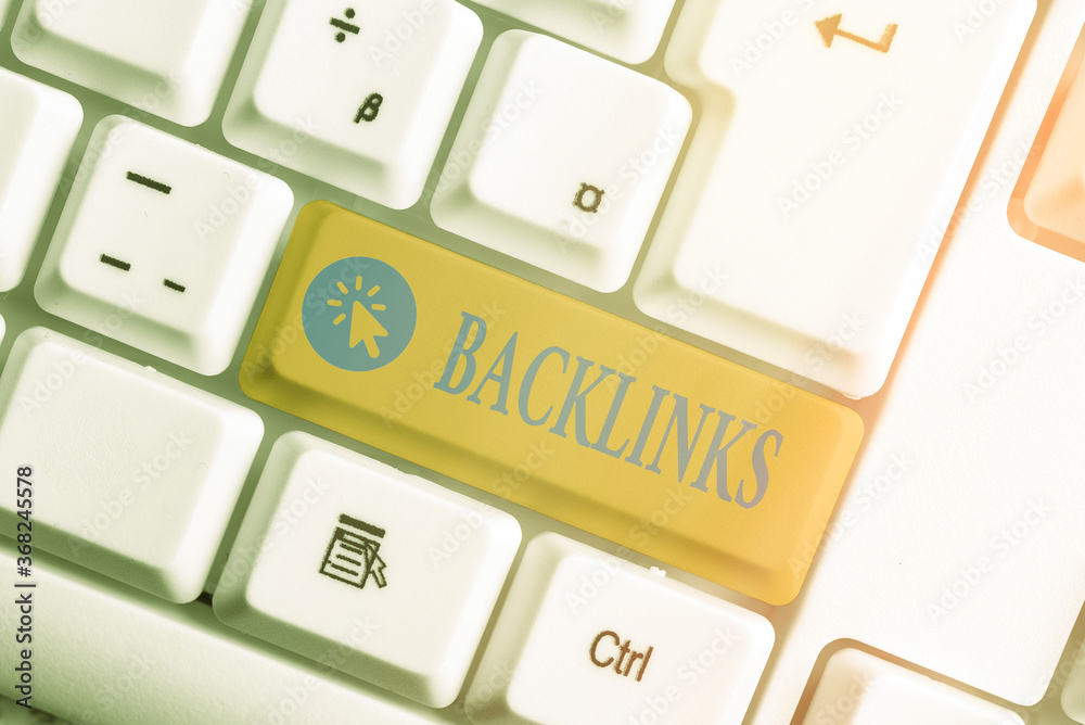 Poster word writing text backlinks. business photo showcasing links from one website to a page on another w