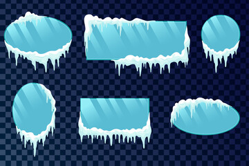 Icicles boards set. Vector frozen ice icicle frames for sale or winter school isolated. Frames with snow and ice.  - obrazy, fototapety, plakaty